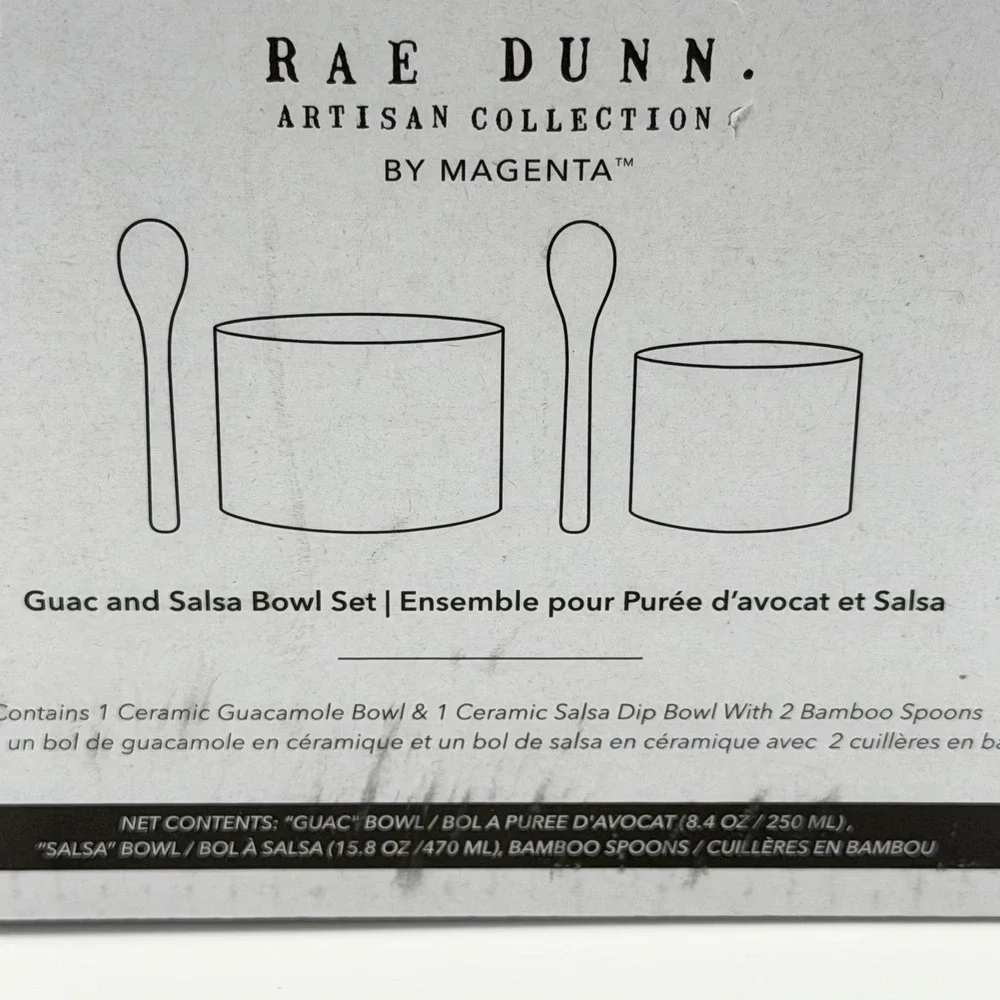 Rae Dunn Guac and‎ Salsa Ceramic Bowl Set with Bamboo Spoons 4pc FabFitFun NEW